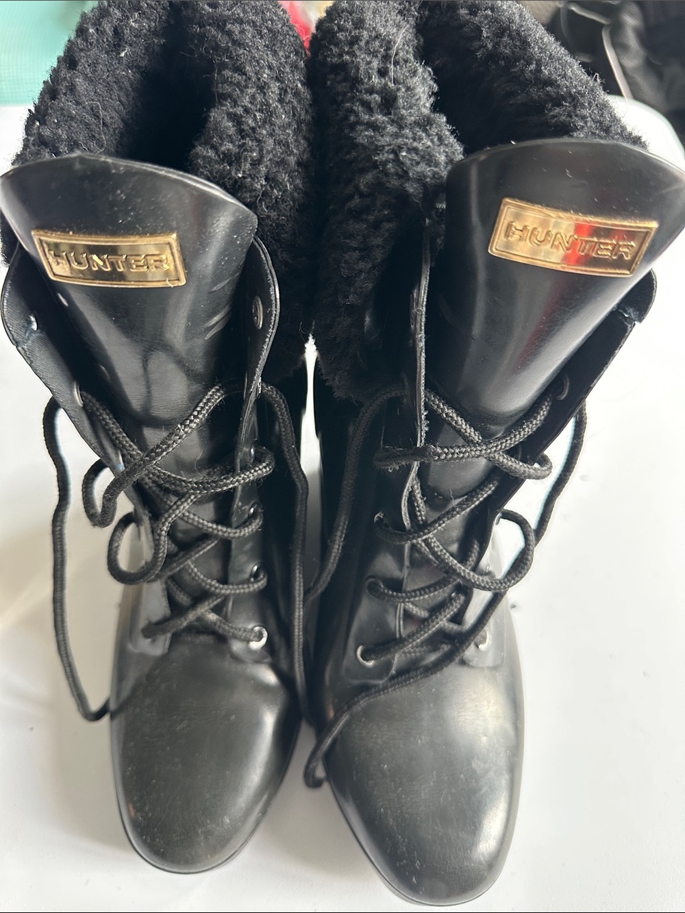 Hunter Black Lace-Up Shearling-Lined Boots with Gold Logo